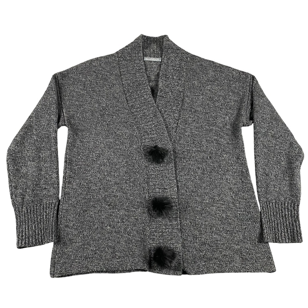 Alashan Cardigan Sweater Womens M Gray Shawl Collar Merino Cashmere Fall Pom Pom